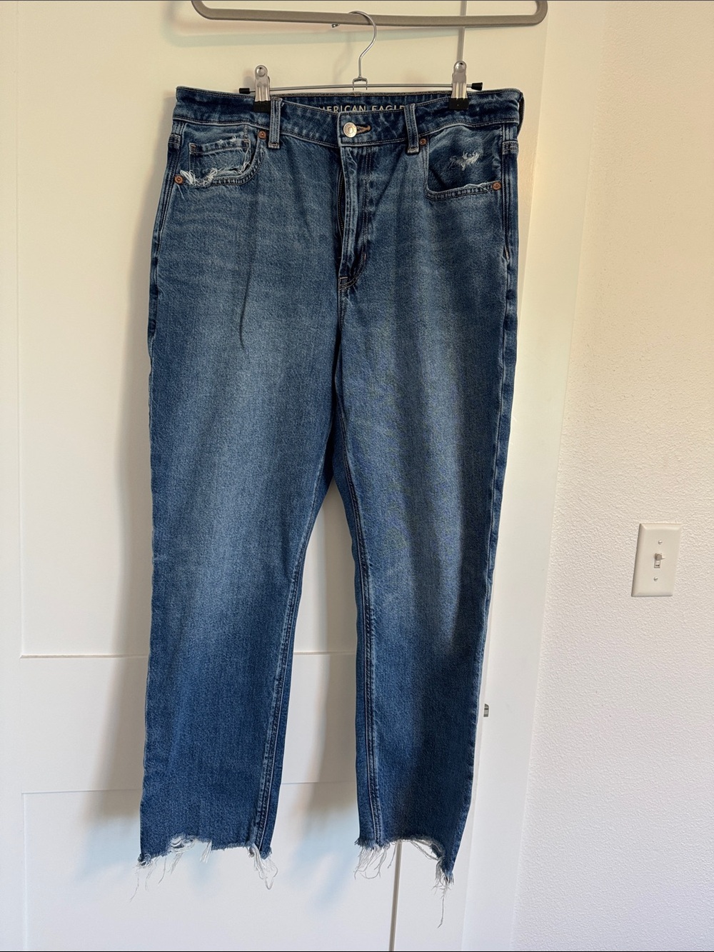 American Eagle Outfitters Straight Leg Jeans in Medium Blue Denim with Raw Hem